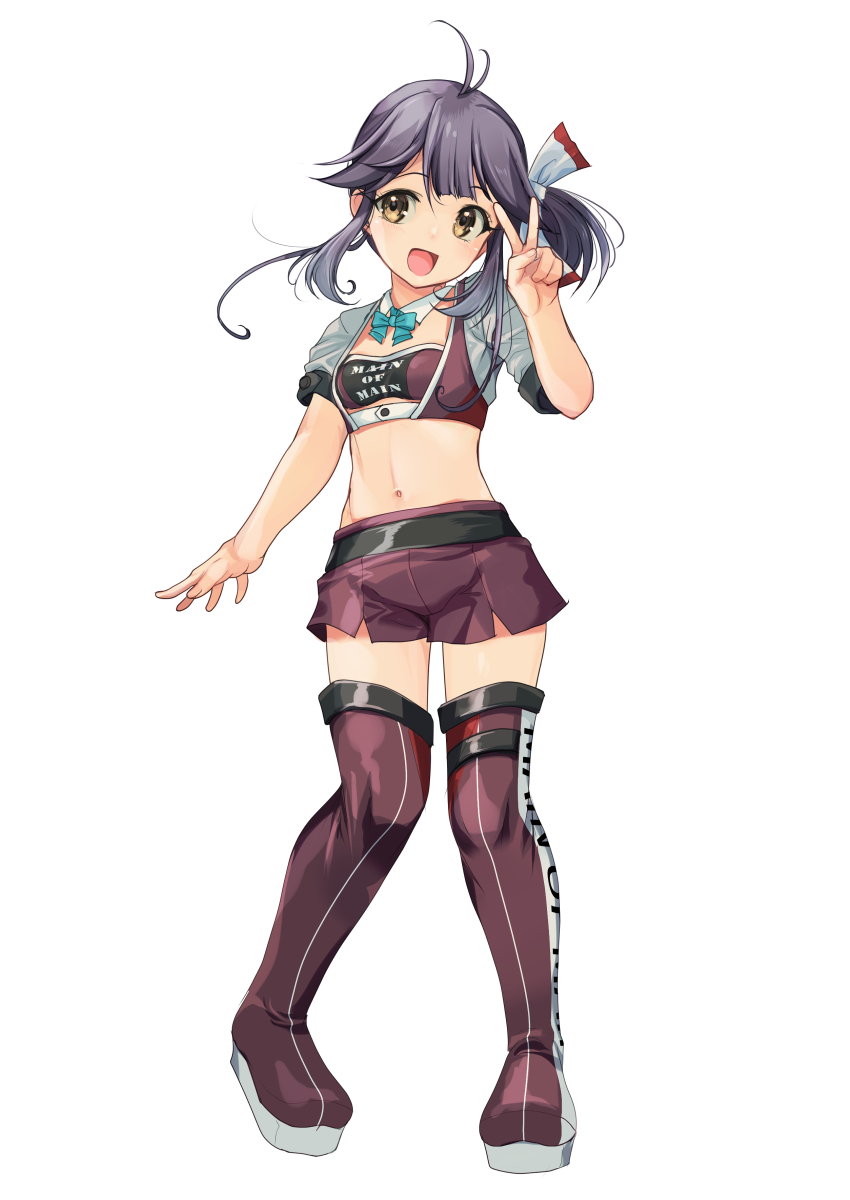 1girl absurdres ahoge aqua_bow aqua_bowtie bandeau black_hair bow bowtie clothes_writing contrapposto cropped_jacket detached_collar full_body hair_ribbon hayanami_(kancolle) highres jacket kantai_collection medium_hair midriff mole mole_on_neck multiple_views navel one_eye_closed purple_bandeau purple_shorts purple_thighhighs race_queen ribbon shorts side_ponytail simple_background standing thighhighs v white_background white_jacket white_ribbon yashin_(yasinz) yellow_eyes