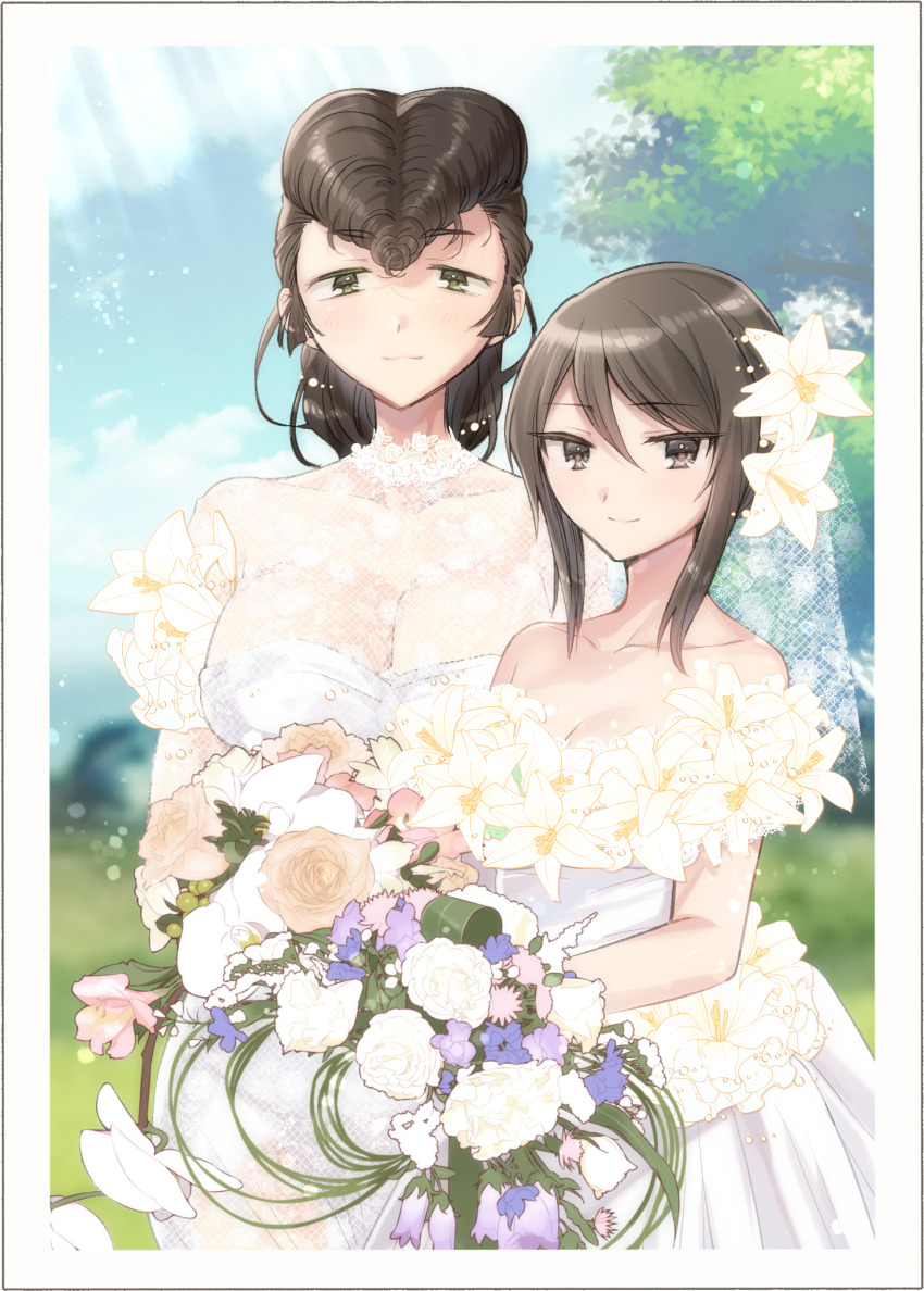 2girls absurdres blush bouquet breasts bridal_veil bride brown_eyes brown_hair cleavage closed_mouth collarbone dress female_focus flower girls_und_panzer green_eyes hair_flower hair_ornament height_difference highres koyama_harutarou lace large_breasts lily_(flower) looking_at_viewer medium_hair mika_(girls_und_panzer) multiple_girls outdoors pompadour rose sky small_breasts smile veil wedding wedding_dress wife_and_wife yuri yuri_(girls_und_panzer)