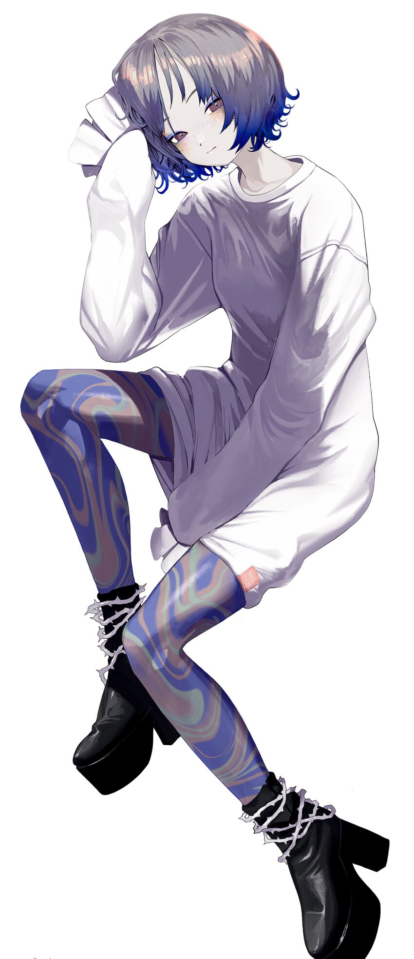 1girl absurdres anklet arm_between_legs bad_id bad_twitter_id blue_hair blue_thighhighs boots breasts brown_eyes closed_mouth frilled_sleeves frills full_body gradient_hair green_thighhighs grey_hair hand_on_own_head head_tilt high_heel_boots high_heels highres invisible_chair jewelry long_sleeves looking_at_viewer multicolored_hair multicolored_thighhighs original patterned_legwear platform_boots platform_footwear shirt short_hair simple_background sitting sleeves_past_fingers sleeves_past_wrists small_breasts solo thighhighs thorns white_background white_shirt yu_(stdio_nameraka)