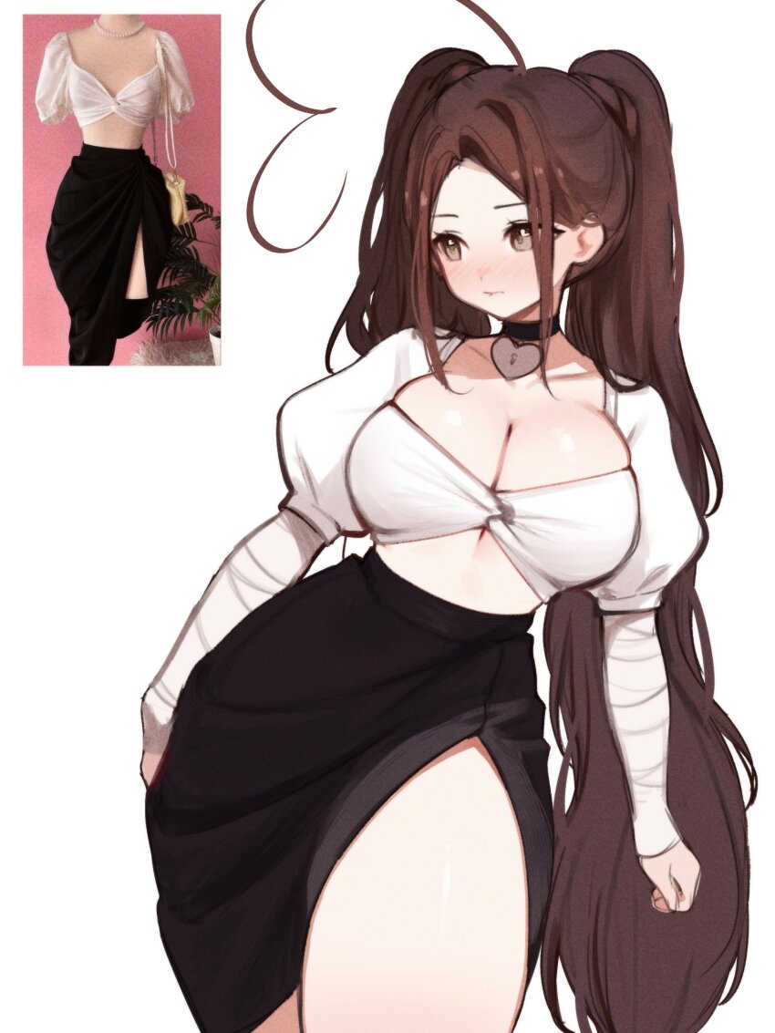 1girl absurdres ahoge alternate_hairstyle bandaged_arm bandages breasts brown_hair highres huge_ahoge indie_virtual_youtuber large_breasts long_hair photo_inset reference_inset sky_above_me sky_above_me_(vtuber) twintails very_long_hair virtual_youtuber