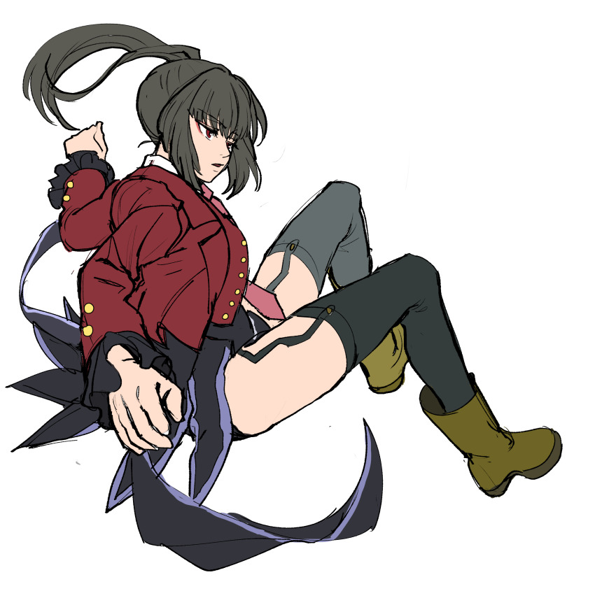 1girl absurdres bad_id bad_pixiv_id belphegor_(umineko) black_hair black_leotard black_thighhighs boots coattails collared_shirt facing_away frilled_sleeves frills garter_straps high_ponytail highres jacket kuya_(hey36253625) leotard necktie pink_necktie ponytail red_eyes red_jacket shirt solo thighhighs thighs umineko_no_naku_koro_ni white_shirt