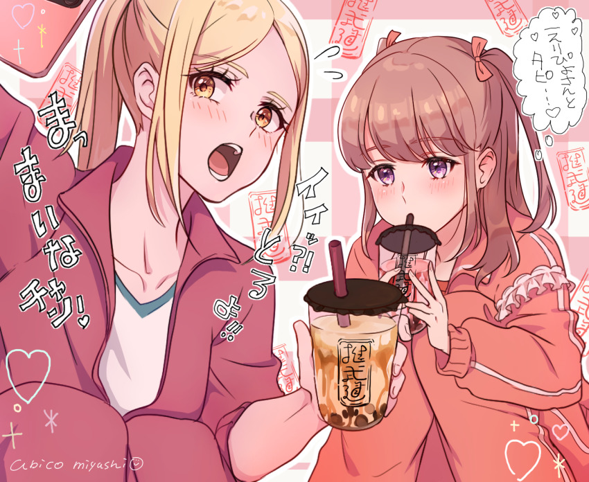 2girls :o abicomiyushi armband artist_name blonde_hair brown_hair bubble_tea cellphone cup disposable_cup drinking drinking_straw eripiyo heart highres ichii_maina jacket multiple_girls orange_jacket oshi_ga_budoukan_itte_kuretara_shinu phone purple_eyes red_jacket simple_background speech_bubble thought_bubble track_jacket twintails yellow_eyes yuri