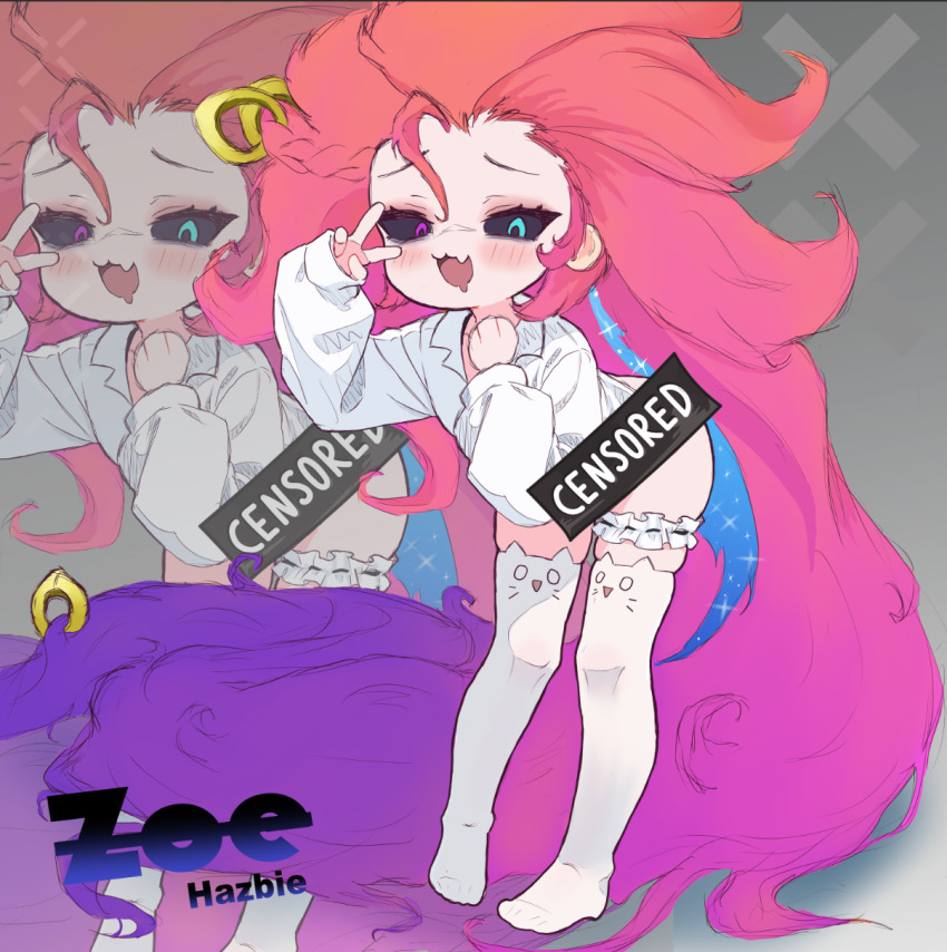1girl artist_name ass black_sclera blue_eyes bottomless censored character_name colored_sclera eyelashes fang female_focus flat_chest grey_background hands_up hazbie heterochromia highres league_of_legends leaning_forward loli long_hair long_sleeves looking_at_viewer messy_hair mimukauwa_nice_try_(vocaloid) multicolored_hair naked_shirt open_mouth orange_hair purple_eyes purple_hair shirt simple_background skin_fang smile smug standing thighhighs two-tone_hair v very_long_hair vocaloid white_shirt white_thighhighs zoe_(league_of_legends) zoom_layer