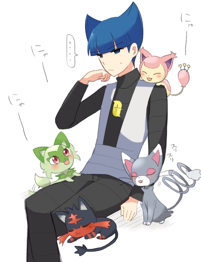 ... 1boy black_pants black_shirt blue_eyes blue_hair blunt_bangs cat closed_mouth commentary_request creatures_(company) game_freak gen_3_pokemon gen_4_pokemon gen_7_pokemon glameow grey_vest hand_up highres litten logo long_sleeves male_focus nintendo ohn_pkmn pants pokemon pokemon_(creature) pokemon_dppt saturn_(pokemon) shirt sitting skitty spoken_ellipsis sprigatito sweatdrop team_galactic team_galactic_uniform two_side_up vest white_background