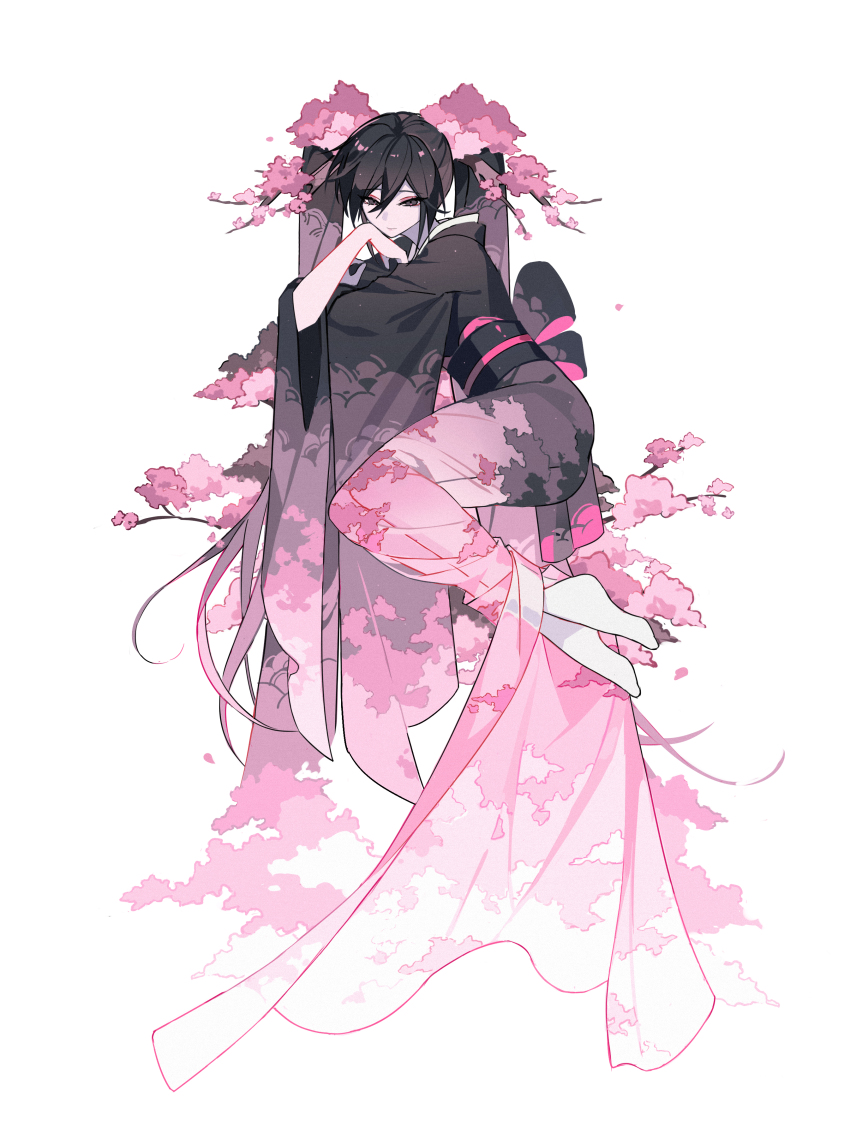 1girl absurdres black_eyes black_hair bow branch cherry_blossoms closed_mouth expressionless falling_petals floral_print flower gradient_hair hair_between_eyes hand_on_own_chin hatsune_miku highres japanese_clothes kazenemuri kimono long_hair long_sleeves looking_at_viewer multicolored_hair petals pink_flower pink_hair pink_petals see-through_clothes sidelocks simple_background solo twintails very_long_hair vocaloid white_background wide_sleeves