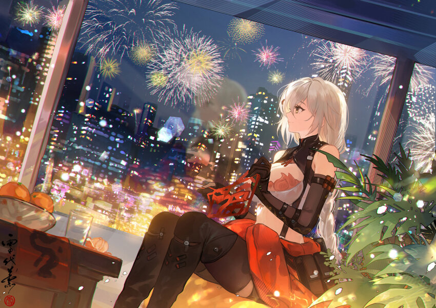 1girl black_boots black_gloves black_thighhighs boots braid braided_ponytail breasts brown_eyes chinese_commentary cityscape closed_mouth commentary_request cup elbow_gloves fireworks food from_side fruit girls&#039;_frontline girls&#039;_frontline_2:_exilium gloves holding indoors long_hair night night_sky orange_(fruit) sitting sky solo table thigh_boots thighhighs type_97_shotgun_(girls&#039;_frontline) vegetation white_hair xuedaixun