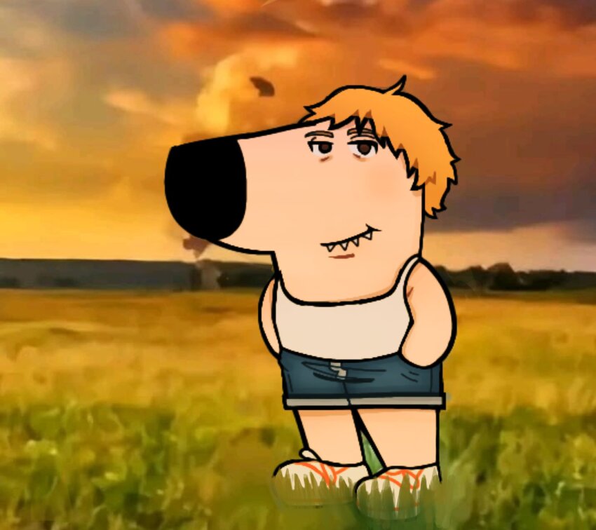 1boy blonde_hair blue_shorts brown_eyes bubblemunne chainsaw_man chill_guy_(phillip_banks) commentary cosplay denim denim_shorts denji_(chainsaw_man) denji_(chainsaw_man)_(cosplay) dog english_commentary grass hands_in_pockets highres just_a_chill_guy_(meme) male_focus meme original photo_background sharp_teeth shorts solo tank_top teeth white_tank_top