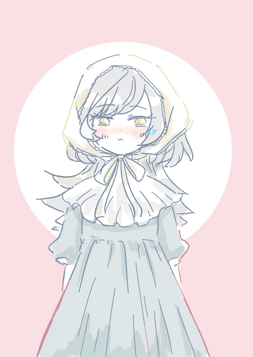 1girl arms_at_sides artist_name assault_lily blush circle closed_mouth commentary cowboy_shot dress frilled_shirt_collar frills fumi_(fumifumi3axl) grey_dress grey_hair headscarf highres long_hair looking_at_viewer neck_ribbon no_pupils pink_background ribbon sasaki_ran solo standing three-quarter_sleeves two-tone_background white_background white_headscarf white_ribbon yellow_eyes