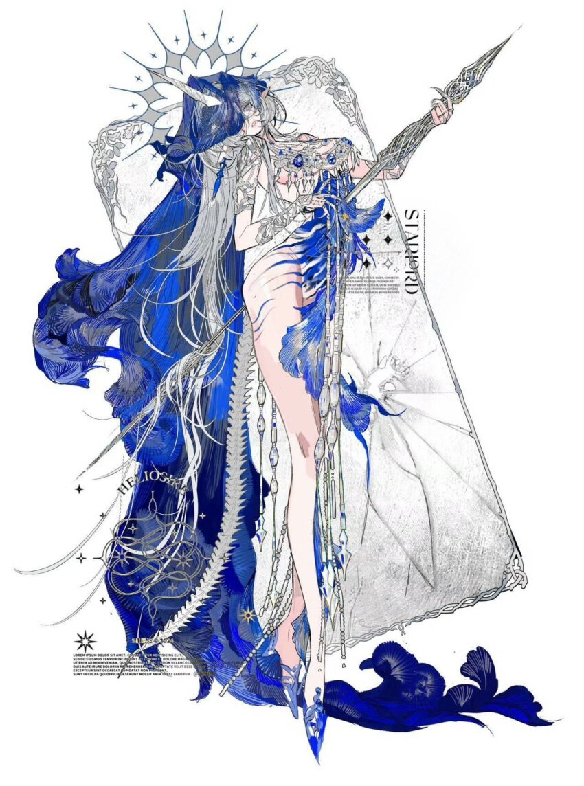 1girl absurdly_long_hair armor blue_dress blue_footwear blue_veil bone_tail breasts covered_erect_nipples dress earrings fake_claws fingernails gem grey_eyes grey_hair halo highres holding holding_weapon horns jewelry long_hair long_horns original pointy_ears s_xing_guowang see-through_clothes sharp_fingernails shoulder_armor single_earring single_horn tall_female veil very_long_hair weapon white_background