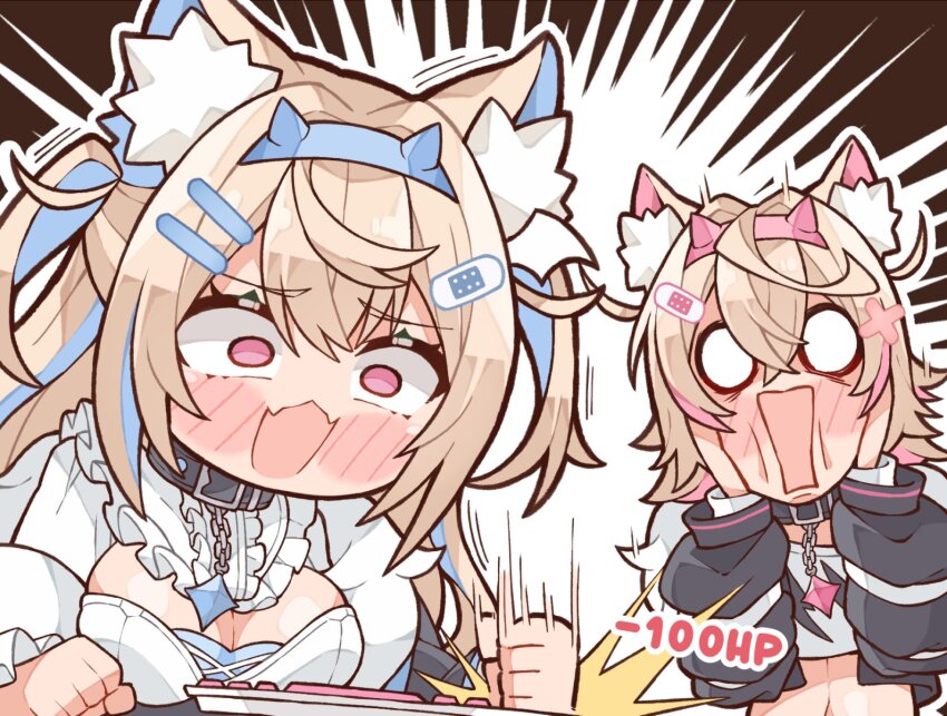 animal_ear_fluff animal_ears bandaid bandaid_hair_ornament blue_hairband computer_keyboard desk_slam dog_ears dog_girl fuwawa_abyssgard hair_ornament hairband headband highres holoadvent hololive hololive_english horn_hairband kukie-nyan mococo_abyssgard pink_hairband pink_headband siblings sisters surprised twins virtual_youtuber
