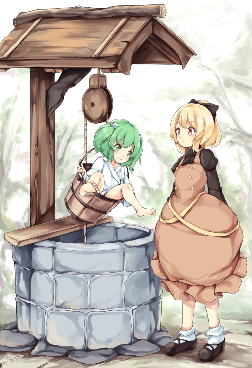 2girls arms_at_sides bad_id bad_twitter_id barefoot black_bow black_footwear blonde_hair blush bobby_socks bow brown_dress brown_eyes bucket dress full_body green_eyes green_hair hair_bobbles hair_bow hair_ornament highres in_bucket in_container japanese_clothes juliet_sleeves kimono kisume kurodani_yamame long_sleeves looking_at_another maremay0513 multiple_girls parted_lips ponytail puffy_sleeves shoes socks standing touhou two_side_up well white_legwear wide_sleeves