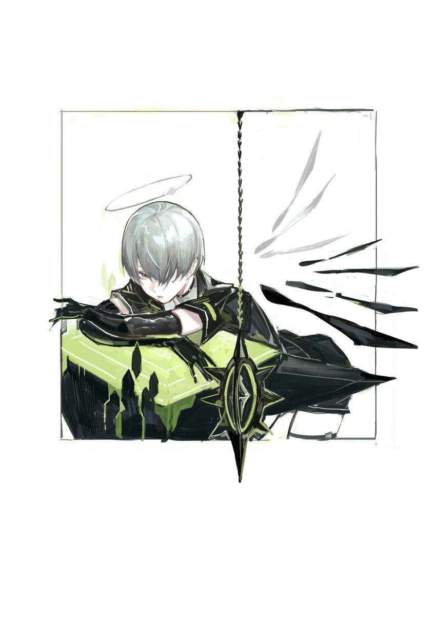 1boy :o arene_(arknights) arknights black_gloves black_shirt black_shorts border closed_mouth elbow_gloves flail gloves green_eyes grey_hair hair_over_one_eye halo highres leaning_forward looking_at_viewer open_mouth pipidan shirt short_hair short_sleeves shorts simple_background solo weapon white_background white_border wings