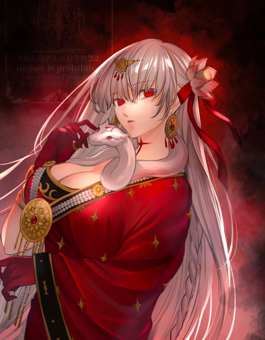 1girl absurdres asymmetrical_sleeves blush body_markings bracelet breasts circlet cleavage colored_skin dress durga_(fate) durga_(second_ascension)_(fate) earrings fate/grand_order fate_(series) flower gold_trim gradient_skin grey_hair hair_flower hair_ornament hair_ribbon highres indian_clothes jewelry large_breasts long_hair looking_at_viewer necklace parted_lips red_dress red_eyes red_skin ri-ko ribbon sari snake solo thumb_ring very_long_hair