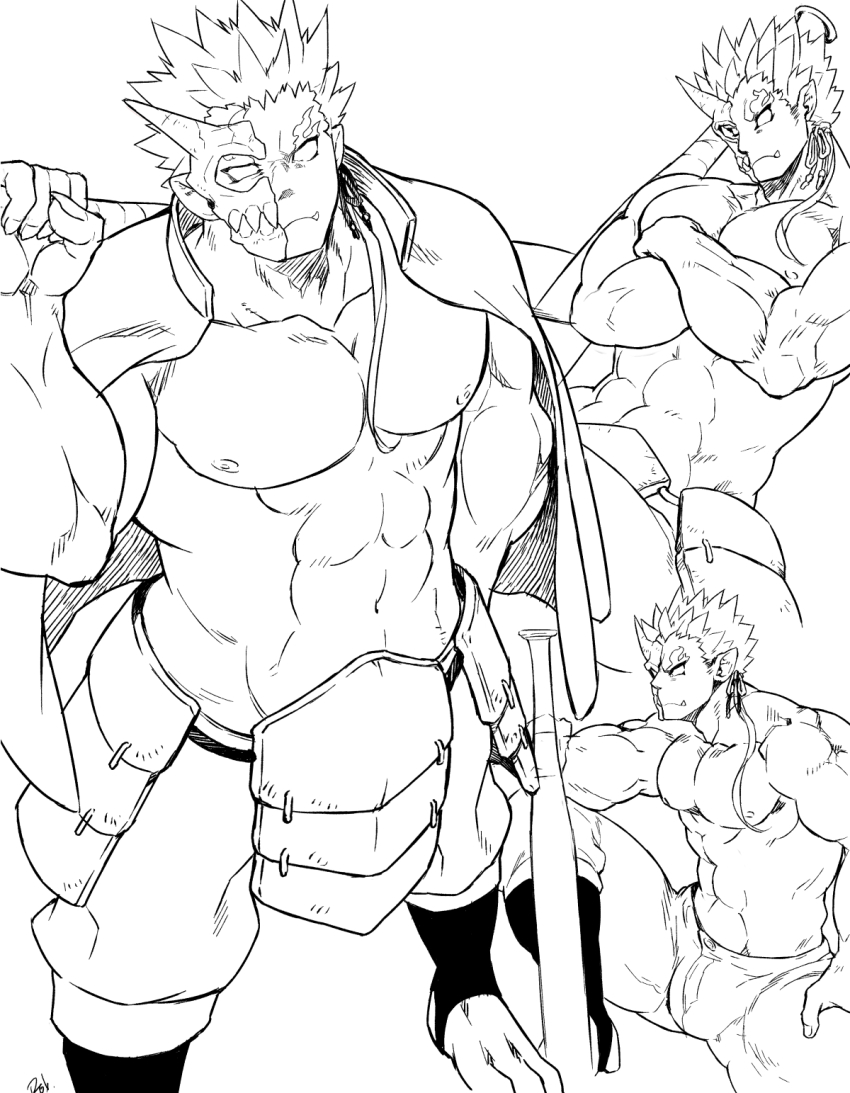 1boy abs armor bara bare_pectorals baseball_bat bulge club club_(weapon) collage crossed_arms from_above gakuran greyscale half_mask highres holding holding_baseball_bat horned_mask jacket jacket_on_shoulders japanese_armor kame_(kichiitu) kanabou large_bulge large_pectorals long_hair looking_at_viewer male_focus mask monochrome monster_boy muscular muscular_male nipples no_pupils oni oni_mask over_shoulder pectorals ponytail school_uniform short_hair shuten_douji_(housamo) standing stomach tokyo_houkago_summoners tusks weapon weapon_over_shoulder