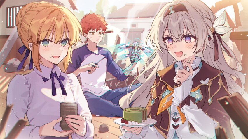 1boy 2girls :d artoria_pendragon_(fate) baumkuchen black_hairband black_jacket blonde_hair blue_pants blue_ribbon brown_eyes bun_with_braided_base collared_shirt cropped_jacket crossover cup destruction emiya_shirou fate/stay_night fate_(series) firefly_(honkai:_star_rail) food food_on_face fork frilled_shirt_collar frilled_sleeves frills full_body green_eyes grey_hair hair_between_eyes hair_bun hair_intakes hair_ribbon hairband hanagata holding holding_cup holding_fork holding_plate holding_screwdriver honkai:_star_rail honkai_(series) indian_style indoors jacket layered_sleeves long_hair long_sleeves looking_at_object looking_at_viewer magic_circuit multiple_girls neck_ribbon oak_cake_roll_(honkai:_star_rail) on_floor open_mouth pants plate purple_eyes raglan_sleeves red_hair ribbon saber_(fate) screwdriver shirt short_hair sidelocks single_hair_bun sitting sleeves_past_wrists smile steam sweatdrop white_shirt yunomi