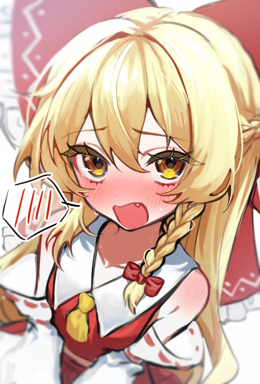 1girl alternate_costume aorin_oekaki ascot blonde_hair blurry blush bow braid commentary_request cosplay depth_of_field detached_sleeves embarrassed fang frilled_bow frilled_hair_tubes frills hair_bow hair_tubes hakurei_reimu hakurei_reimu_(cosplay) highres kirisame_marisa long_hair open_mouth red_bow red_skirt ribbon-trimmed_sleeves ribbon_trim side_braid single_braid skirt skirt_set solo spoken_blush sweat touhou yellow_ascot yellow_eyes