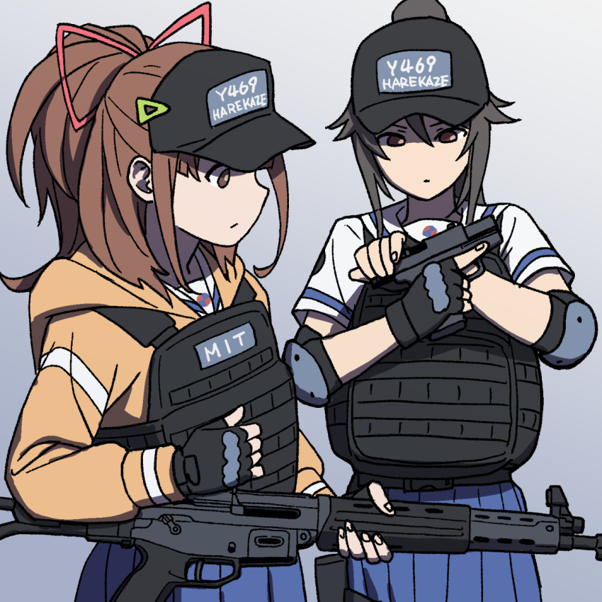 2girls assault_rifle black_gloves black_hair black_headwear blue_skirt body_armor brown_eyes brown_hair elbow_pads fingerless_gloves gloves grey_background gun handgun hat high_school_fleet highres holding holding_weapon hood hood_down hooded_jacket howa_type_89 irizaki_mei jacket multiple_girls munetani_mashiro onsen_tamago_(hs_egg) pistol pleated_skirt ponytail rifle sailor_collar school_uniform sidelocks sig_p220/p226 skirt tactical_clothes weapon weapon_request yellow_jacket