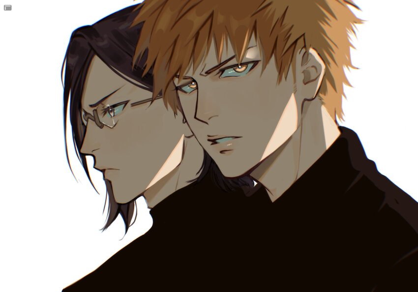 2boys black_hair black_shirt bleach brown_eyes closed_mouth glasses hair_behind_ear highres ishida_uryuu kurosaki_ichigo looking_at_viewer looking_to_the_side male_focus multiple_boys orange_eyes orange_hair parted_bangs parted_lips shirt short_hair spiked_hair turtleneck upper_body viii_00908 white_background