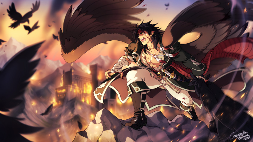 1boy bandaged_hand bandages bare_pectorals bird blood boots burning burning_building coat commentary crescentia_fortuna ear_chain english_commentary feather_necklace fire_emblem fire_emblem:_radiant_dawn headband jewelry laguz_(fire_emblem) large_pectorals male_focus muscular muscular_male necklace nintendo open_clothes open_coat open_mouth outdoors pectorals red_headband scar scar_on_chest scar_on_face tibarn_(fire_emblem) wings