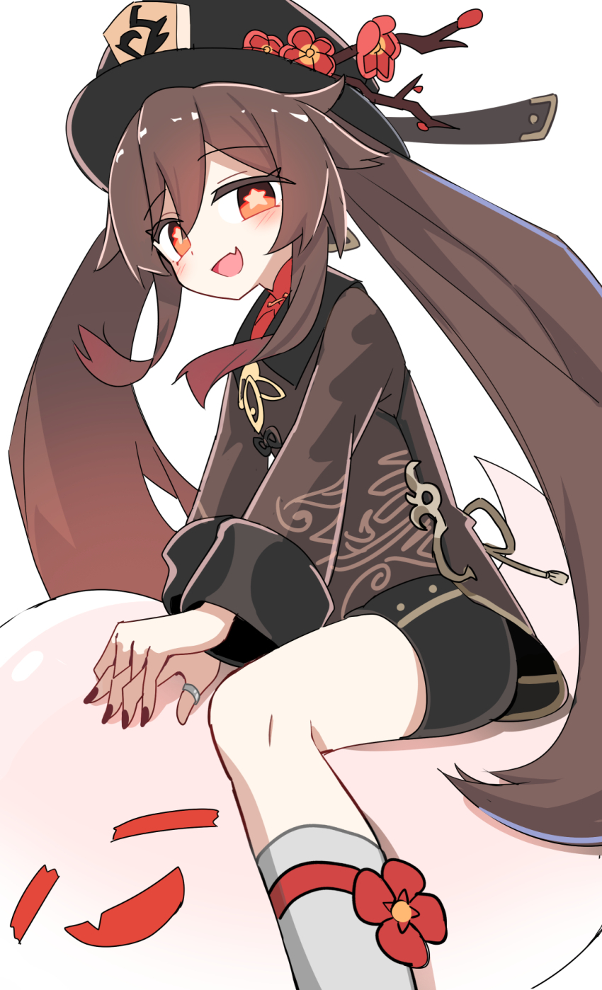 1girl :d black_hat black_shorts blush boo_tao_(genshin_impact) brown_eyes brown_hair brown_shirt chinese_clothes chinese_commentary commentary e.o. fang feet_out_of_frame fingernails flower genshin_impact ghost hair_between_eyes hat hat_flower highres hu_tao_(genshin_impact) jewelry long_hair long_sleeves looking_at_viewer nail_polish open_mouth own_hands_together plum_blossoms porkpie_hat red_flower red_nails ring shirt short_shorts shorts sidelocks simple_background sitting skin_fang smile socks solo star-shaped_pupils star_(symbol) symbol-shaped_pupils thumb_ring twintails very_long_hair white_background white_socks