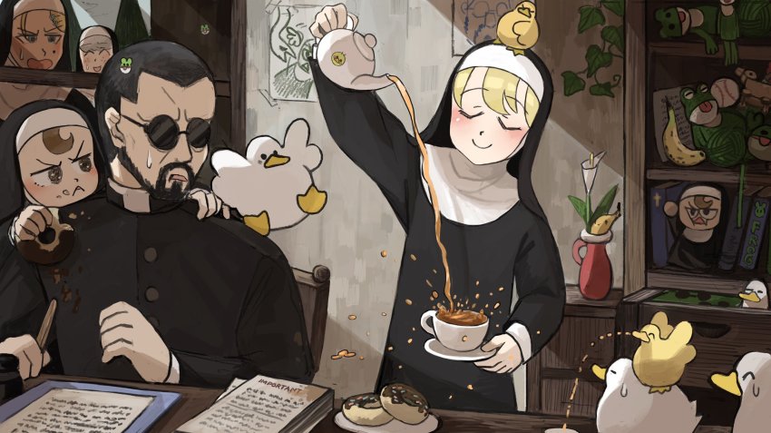 1boy 4girls :&lt; :d ^_^ against_wall animal animal_on_head banana baseball beard bible_(object) bird bird_on_head black_hair blonde_hair blue_eyes book brown_eyes brown_hair cabinet chair character_doll closed_eyes clumsy_nun_(diva) commentary cup decantering desk dirty dirty_clothes diva_(hyxpk) document doll donut doodle drawer drawing duck duckling eating english_commentary facial_hair father_(diva) flower food food_on_clothes food_on_face freckles frog froggy_nun_(diva) fruit grey_hair habit hair_flower hair_ornament hairclip hand_puppet hands_on_another&#039;s_shoulders hanging_plant highres holding holding_food holding_pen holding_saucer holding_teapot inkwell jumping lily_(flower) little_nuns_(diva) mole mole_under_eye multiple_girls mustache nun on_head open_mouth outstretched_arm paper pen plate pouring priest puppet saucer sheep_nun_(diva) shelf sitting slice_of_life smile splashing spread_wings sticker strict_nun_(diva) sunglasses sweatdrop table tea teacup teapot toy traditional_nun vase window writing yarn yarn_ball