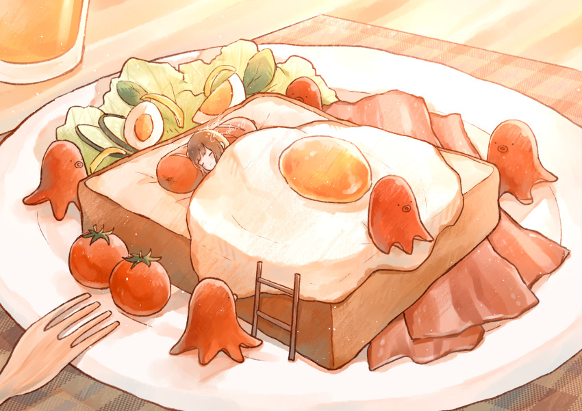1girl absurdres brown_hair closed_eyes commentary_request cup food food_art fork fried_egg highres in_food ladder lying mini_person minigirl mokunoki on_side original plate signature solo tako-san_wiener tomato twitter_username