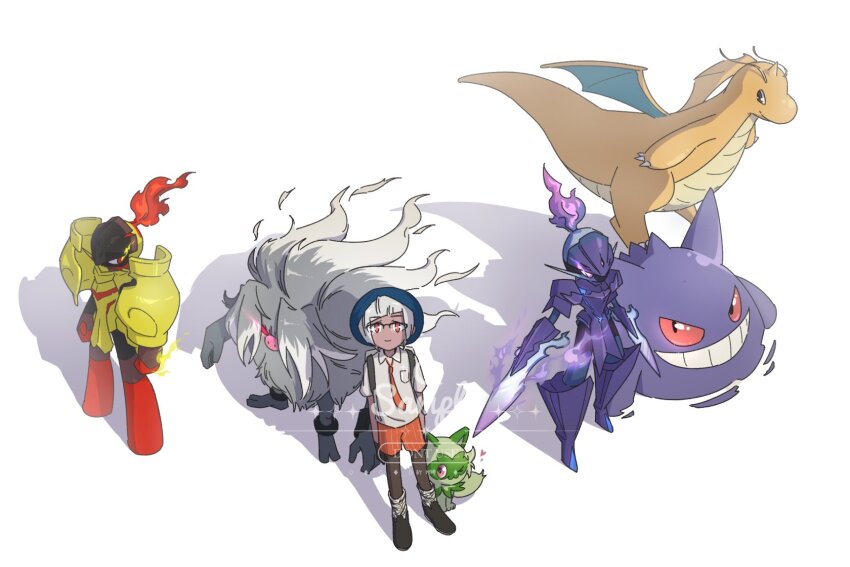 3others annihilape armarouge armor black_leggings black_shoes black_skin blue_hat brown_eyes ceruledge colored_sclera colored_skin commission dragonite fire flying full_body gen_1_pokemon gengar glasses green_fur grey_fur grey_leg_warmers hat highres leg_warmers leggings looking_at_another looking_at_viewer multiple_others naranja_academy_school_uniform necktie nintendo orange_eyes orange_necktie orange_shorts other_focus pink_eyes pokemon pokemon_(creature) pokemon_sv purple_fire red_eyes red_sclera robinlovesop school_uniform shoes shorts simple_background sprigatito standing white_background white_hair