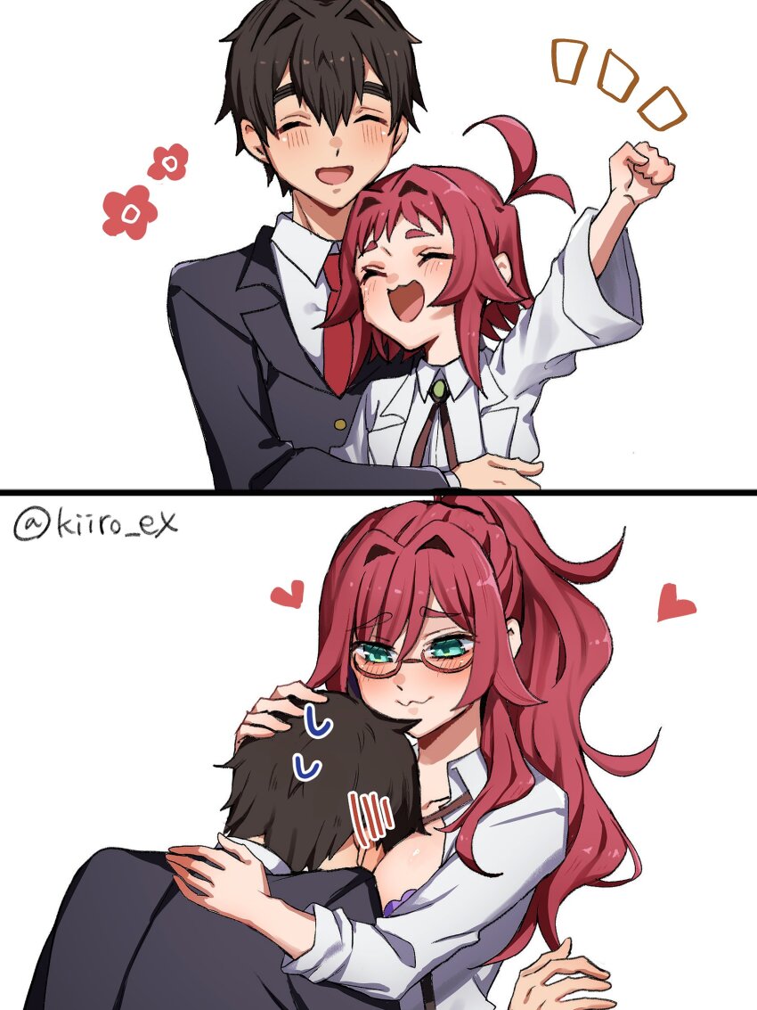 1boy 1girl :3 :d ^_^ absurdres ahoge aijou_rentarou between_breasts blazer breasts closed_eyes flower_symbol head_blush heart high_ponytail highres hiiro_(kiiro_ex) hug jacket kimi_no_koto_ga_dai_dai_dai_dai_daisuki_na_100-nin_no_kanojo lab_coat light_smile male_focus multiple_girls ohananomitsu_high_school_uniform open_mouth ponytail red_hair school_uniform smile twitter_username white_background yakuzen_kusuri yakuzen_kusuri_(older)