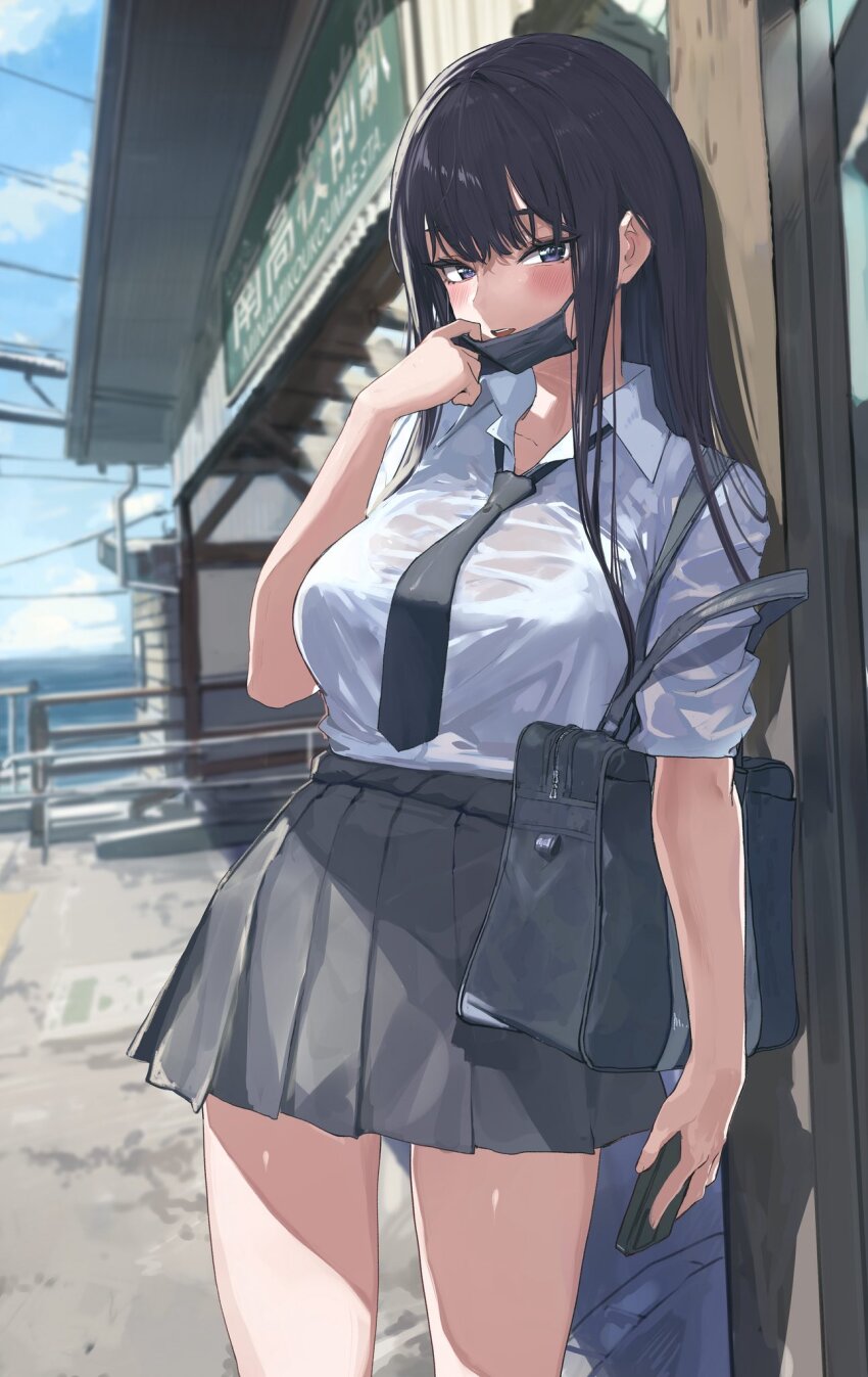 1girl akasaai bag black_hair black_necktie black_skirt blue_eyes blush cellphone collared_shirt day highres holding holding_phone leaning_on_object long_hair looking_at_viewer loose_necktie mask mask_pull mouth_mask necktie open_mouth original outdoors phone pleated_skirt school_bag shirt shirt_tucked_in skirt sleeves_rolled_up smartphone solo teeth upper_teeth_only wet wet_clothes wet_shirt white_shirt
