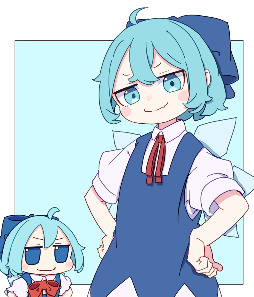 2girls absurdres ahoge blue_background blue_bow blue_dress blue_eyes blue_hair blush_stickers border bow bowtie cirno closed_mouth collared_shirt commentary_request double-parted_bangs dress fang fang_out hair_bow hands_on_own_hips highres ice ice_wings kame_(kamepan44231) looking_at_viewer multiple_girls neck_ribbon outside_border pinafore_dress red_bow red_bowtie red_ribbon ribbon shirt short_hair short_sleeves simple_background skin_fang sleeveless sleeveless_dress smile touhou white_border white_shirt wings