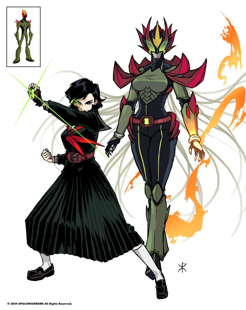1girl absurdres alien apoloniodraws armor ben_10 black_eyes black_hair delinquent fire full_body helmet highres jumpsuit kamen_rider looking_at_viewer mole mole_under_eye omnitrix plant school_uniform spiked_armor spiked_helmet sukeban swampfire tokusatsu
