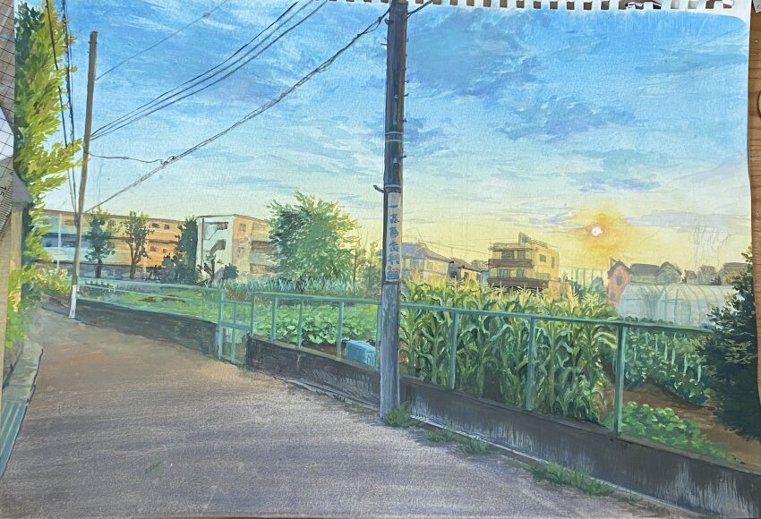 apartment blue_sky building farm fence gate greenhouse highres hkwryyy_pepe house iron_fence orange_sky original painting_(medium) power_lines road road_sign scenery sign sky street sun sunrise town traditional_media tree utility_pole