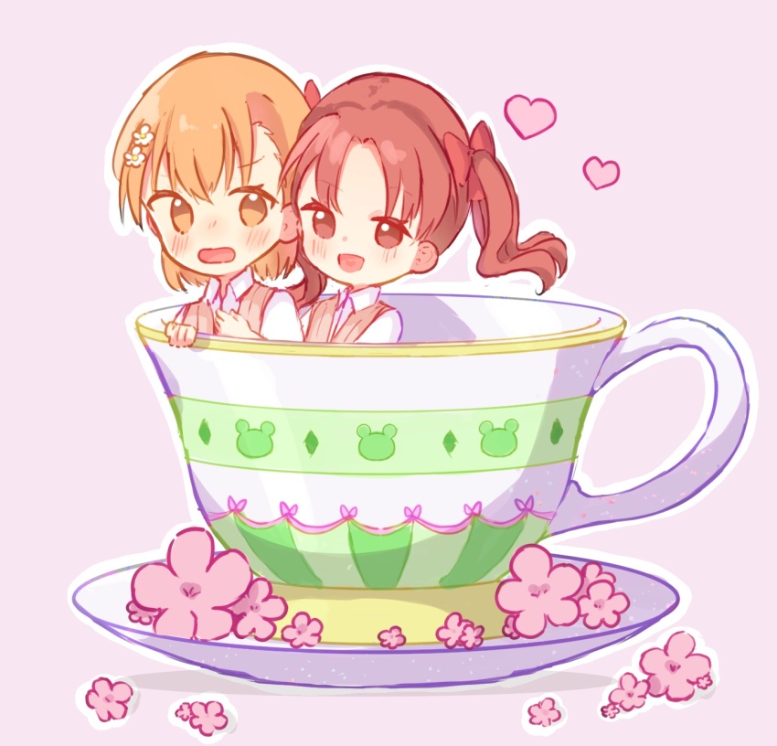 2girls brown_eyes brown_hair brown_sweater_vest cherry_blossoms collared_shirt commentary cup gekota hair_ornament hairpin heart highres long_hair mini_person misaka_mikoto multiple_girls open_mouth school_uniform shirai_kuroko shirt short_hair simple_background summer_uniform sweater_vest teacup toaru_kagaku_no_railgun toaru_majutsu_no_index tokiwadai_school_uniform twintails uisuke v-neck white_shirt