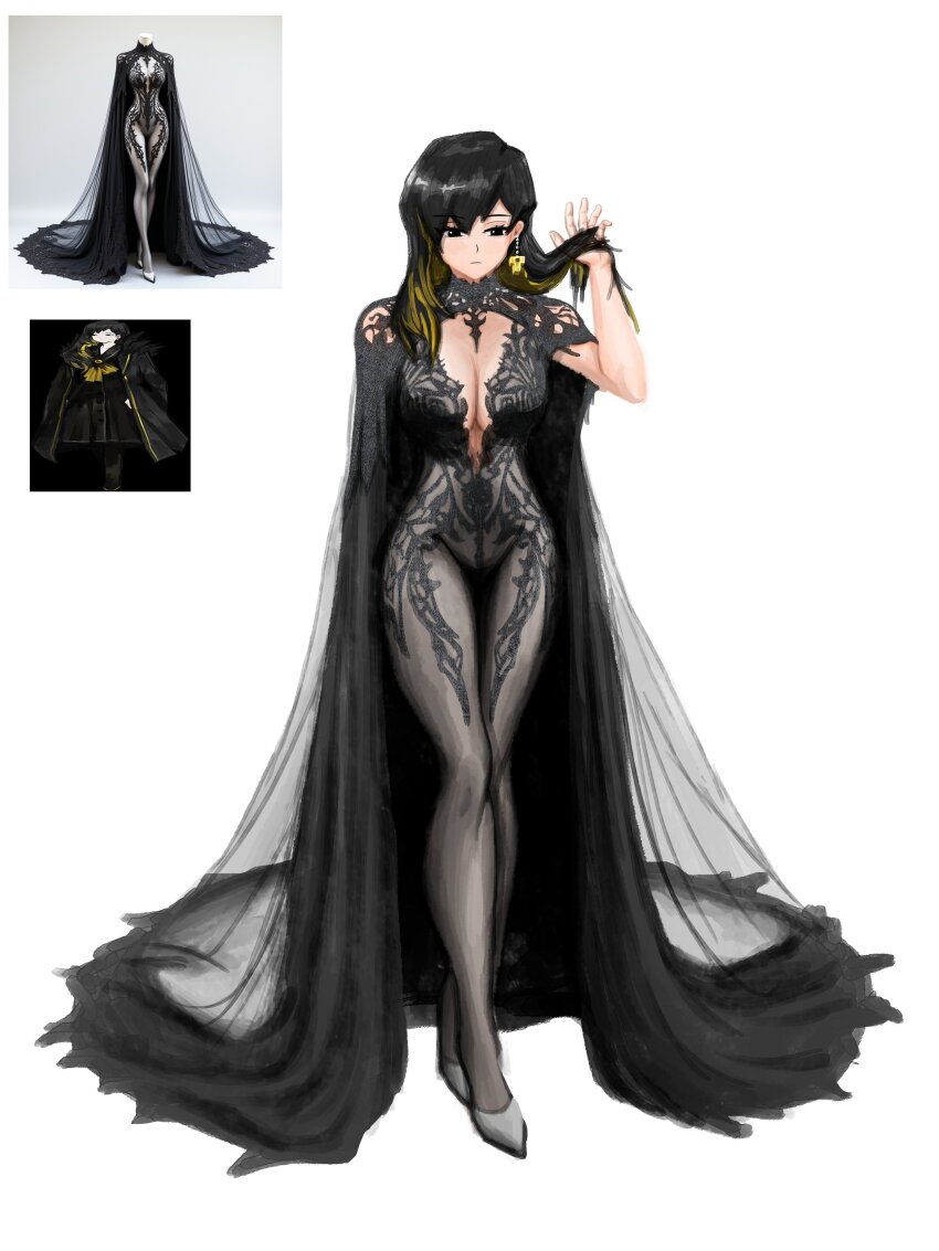 1girl absurdres alternate_costume binah_(project_moon) black_eyes black_hair blonde_hair breasts closed_mouth commentary curvy dress earrings english_commentary eyelashes hand_in_own_hair highres jewelry large_breasts library_of_ruina long_dress multicolored_hair multiple_views official_art_inset project_moon reference_inset senlidoesstuff simple_background standing streaked_hair two-tone_hair white_background
