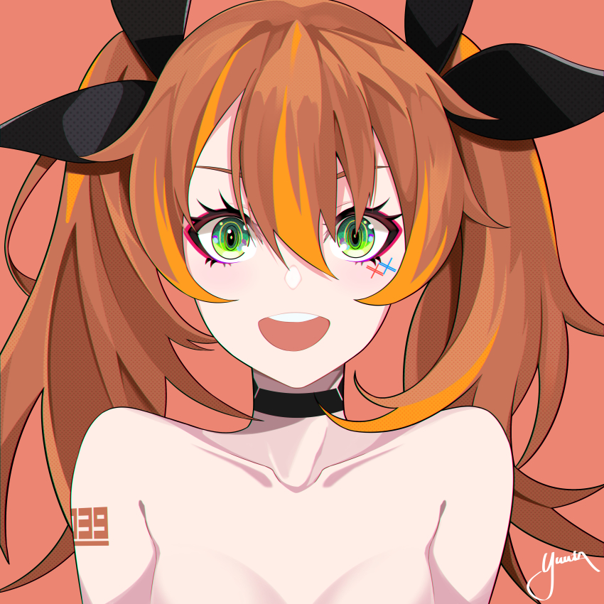 1girl :d absurdres bad_id bad_pixiv_id black_choker black_ribbon blush brown_background brown_hair choker collarbone darling_in_the_franxx eyebrows_hidden_by_hair facial_mark green_eyes hair_between_eyes hair_ribbon highres huge_filesize long_hair miku_(darling_in_the_franxx) multicolored_hair number_tattoo open_mouth orange_hair ribbon round_teeth shoulder_tattoo signature simple_background smile solo streaked_hair tattoo teeth twintails upper_body upper_teeth_only yuuta_(yuuta0312)