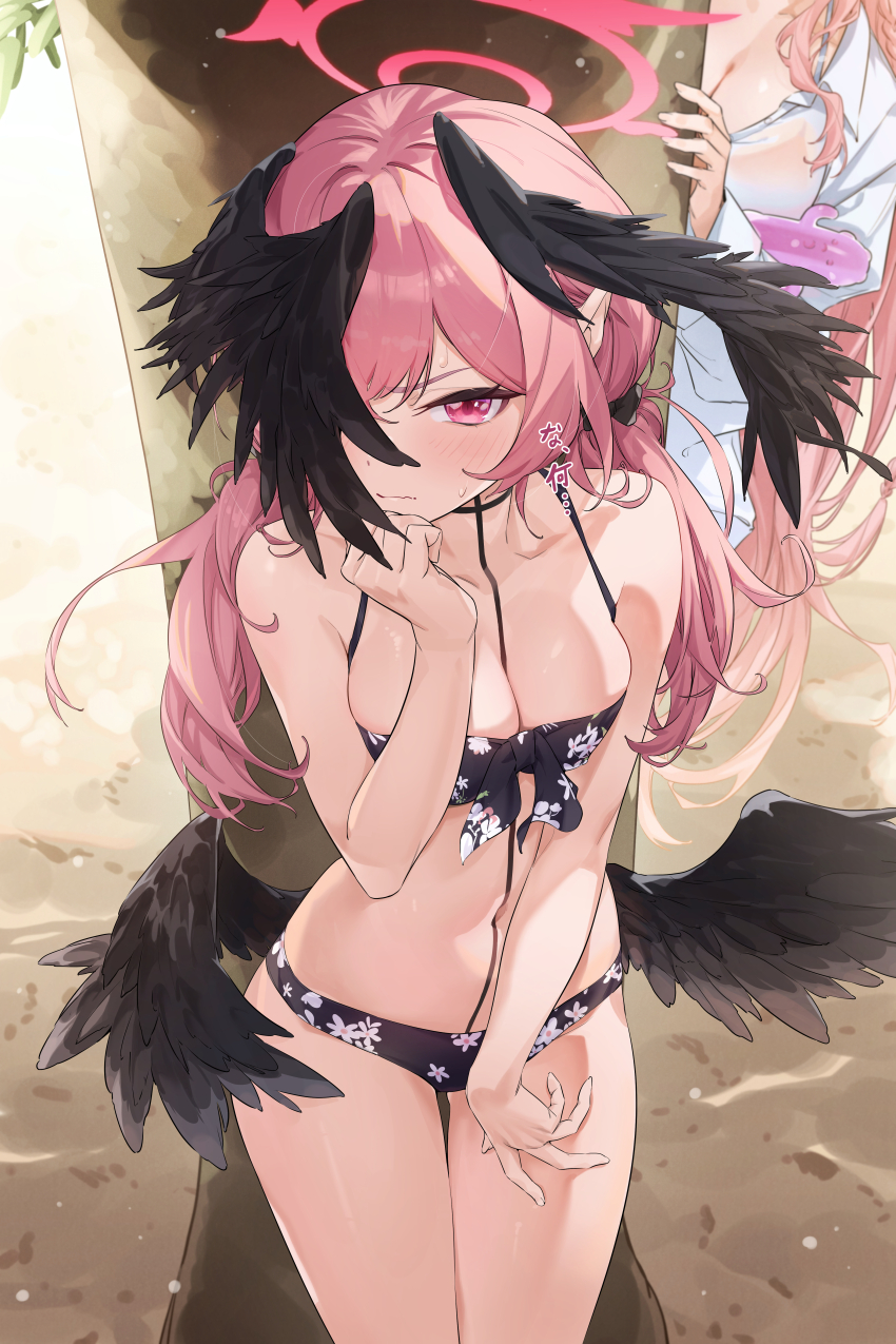 2girls absurdres alternate_breast_size bare_arms bare_shoulders behind_tree bikini black_bikini black_wings blue_archive blush breasts cleavage closed_mouth collarbone feathered_wings hair_between_eyes halo hanako_(blue_archive) hanako_(swimsuit)_(blue_archive) highres jjjsss koharu_(blue_archive) koharu_(swimsuit)_(blue_archive) long_hair looking_at_viewer medium_breasts multiple_girls navel one_eye_covered outdoors pink_eyes pink_hair pink_halo sand solo_focus stomach sweatdrop swimsuit tree wings