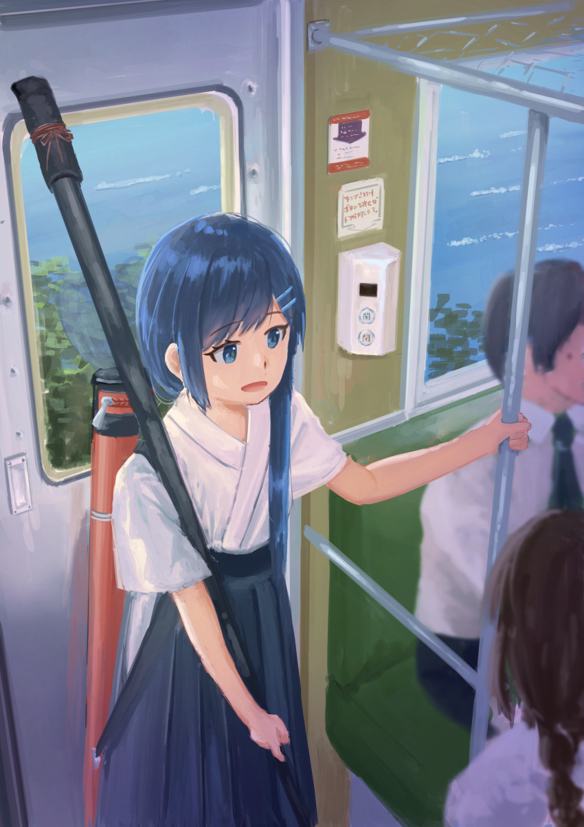 1boy 2girls absurdres alternate_costume archery black_hair black_pants blue_eyes blue_hair bow_(weapon) brown_hair cevio collared_shirt from_above futaba_minato hair_ornament hairclip hakama hakama_pants highres holding holding_pole japanese_clothes kimono kyuudou long_hair looking_at_another multiple_girls open_mouth out_of_frame pants petrasche_(kunio_miracle) pole quiver shirt short_sleeves smile solo_focus standing swept_bangs train train_interior weapon white_kimono white_shirt yumi_(bow)