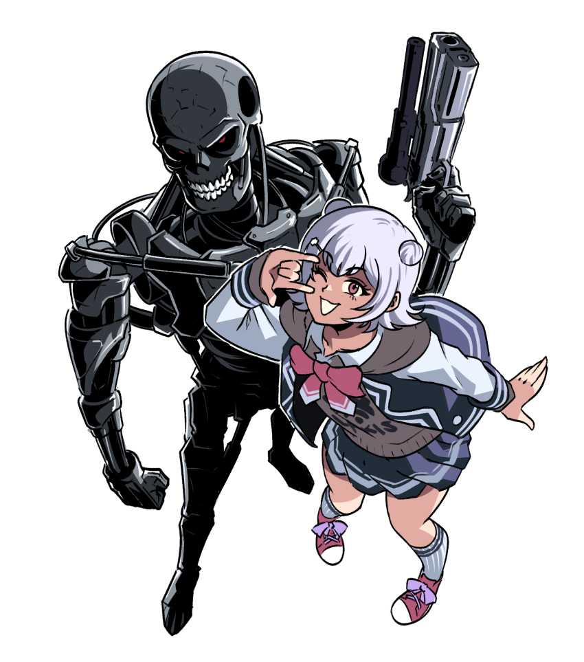 1boy 1girl \m/ brown_eyes brown_sweater cevio crossover double_bun finger_on_trigger from_above grey_hair gun hair_bun highres holding holding_gun holding_weapon jacket kneehighs koharu_rikka miniskirt one_eye_closed open_mouth robot shoes skirt smile sneakers socks sweater synthesizer_v t-800 terminator_(series) tina_fate weapon