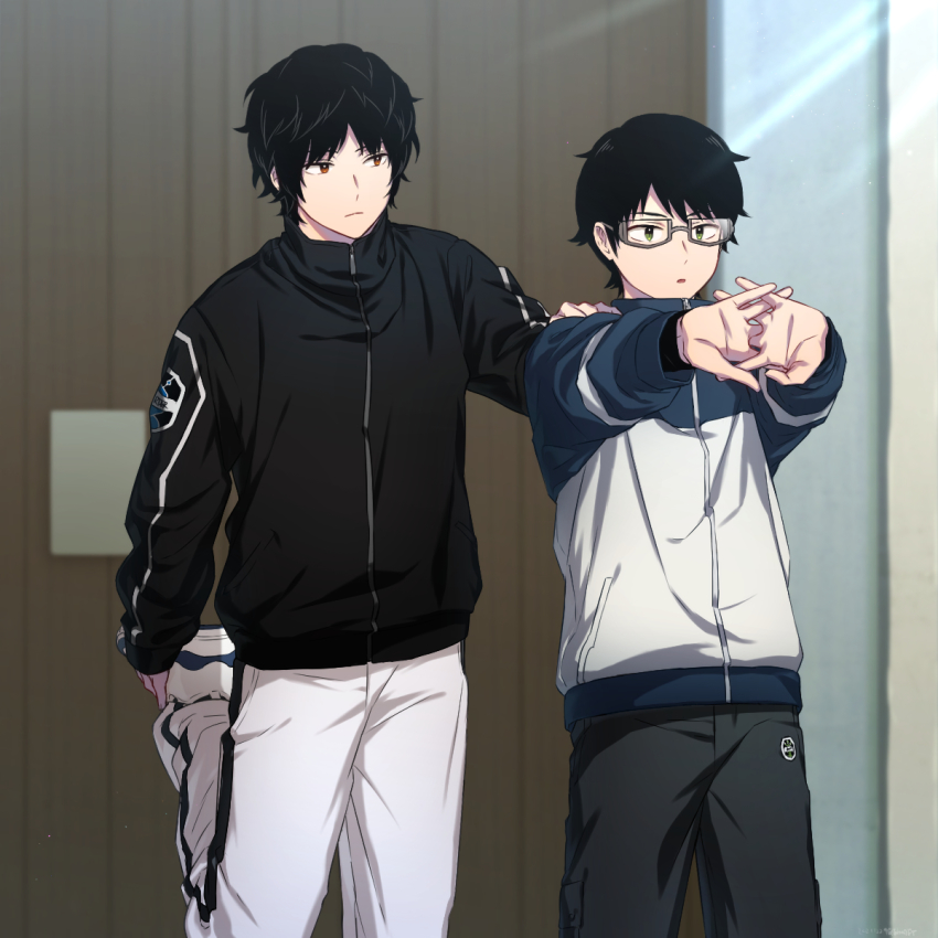 2boys black_hair blurry brown_eyes closed_mouth commentary cowboy_shot depth_of_field emblem exercising frown futaba_08_cnmrl glasses green_eyes grey-framed_eyewear grey_pants hand_on_another&#039;s_arm highres interlocked_fingers jacket karasuma_kyousuke long_sleeves looking_afar looking_at_another male_focus mikumo_osamu multicolored_jacket multiple_boys outstretched_arm outstretched_arms own_hands_together pants parted_lips semi-rimless_eyewear shoes short_hair standing standing_on_one_leg stretching symbol-only_commentary training two-tone_jacket under-rim_eyewear white_footwear white_pants world_trigger zipper