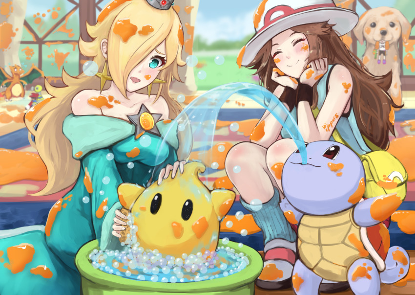 1boy 3girls :3 :d ^_^ aqua_eyes bag bare_shoulders bathtub black_eyes blonde_hair blue_dress blush breasts brown_hair carpet charizard closed_eyes closed_mouth collarbone commentary crown day dress earrings eating f.l.u.d.d. fire flame-tipped_tail flying_sweatdrops gen_1_pokemon hair_over_one_eye handbag hands_on_own_cheeks hands_on_own_face hat highres indoors ink inkling inkling_girl inkling_player_character ippers jewelry leaf_(pokemon) leg_warmers long_hair long_sleeves luma_(mario) mario_(series) medium_breasts multiple_girls nintendo nintendogs off-shoulder_dress off_shoulder open_mouth outstretched_arms pokemon pokemon_(creature) pokemon_frlg red_eyes rosalina shoes shoulder_bag sitting smile soap splatoon_(series) sponge squatting squirtle star_(symbol) sun_hat super_mario_galaxy super_mario_sunshine super_smash_bros. sweat sweatband symbol-only_commentary tail tank_top very_long_hair washing when_you_see_it white_footwear white_hat
