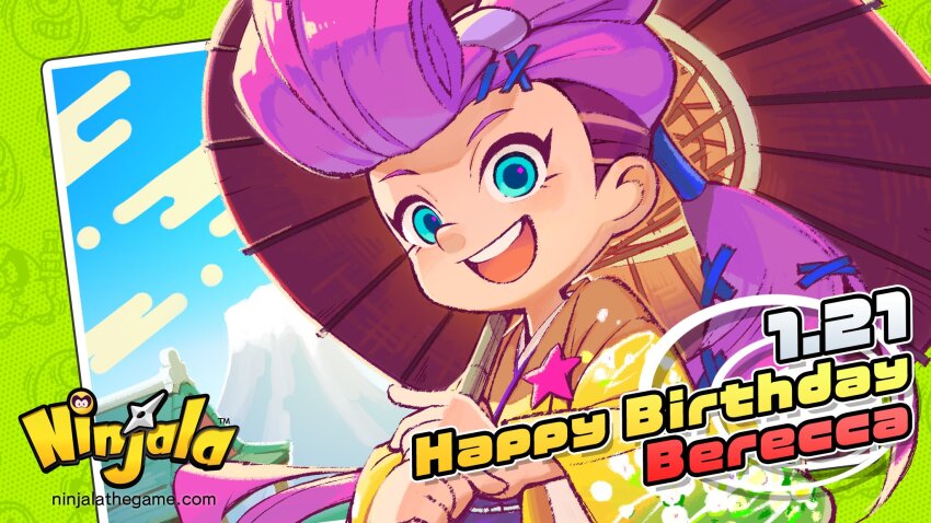 absurdly_long_hair alternate_costume aqua_eyes badge berecca big_hair birthday blue_pupils blue_sky building button_badge character_background child cloud commentary copyright_name copyright_notice egasumi english_commentary english_text eyelashes flat_chest floral_background floral_print_sleeves green_sleeves gumchi gungho hair_ornament hair_rings hairclip halftone happy happy_birthday head_tilt highres japanese_clothes kimono logo long_hair looking_at_viewer mount_fuji mountain ninjala obi obijime official_art oil-paper_umbrella open_mouth outline parasol pink_hair polka_dot pompadour ponytail purple_outline purple_sash red_umbrella rianti-wong rooftop sash second-party_source shuriken single_hair_ring sky smile star_(symbol) teeth two-tone_sleeves umbrella undercut upper_body upper_teeth_only very_long_hair watermark weapon web_address wide_sleeves x_hair_ornament yellow_clouds yellow_kimono yellow_sleeves