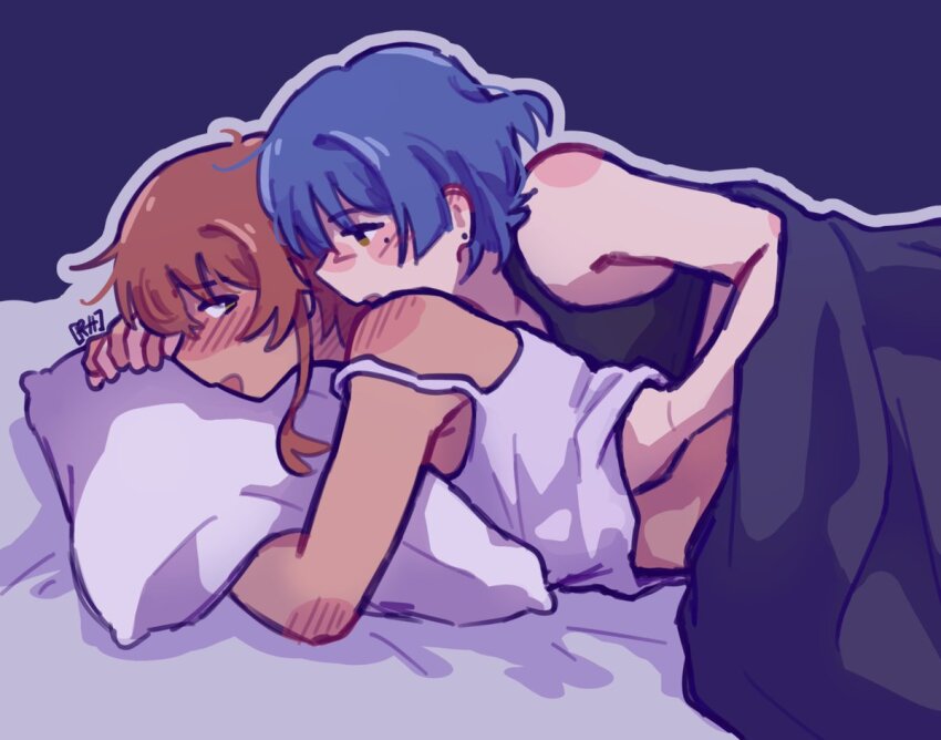 2girls alternate_skin_color black_bra blue_hair blush bocchi_the_rock! bra camisole commentary ear_blush english_commentary hand_under_clothes hand_under_shirt hiimross kita_ikuyo long_hair lying mole mole_under_eye multiple_girls on_stomach open_mouth pillow red_hair shirt short_hair smile under_covers underwear white_camisole yamada_ryo yuri