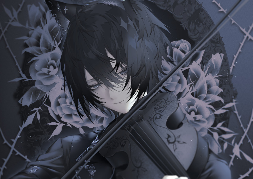 1boy absurdres animal_ear_fluff animal_ear_piercing animal_ears black_hair black_jacket bow_(music) cat_boy cat_ears chair closed_mouth commentary cross cross_earrings earrings flower goth_fashion grey_eyes grey_flower hair_between_eyes head_rest highres holding holding_instrument holding_violin instrument jacket jewelry kotarou_(kot_mochi) latin_cross light_smile male_focus music on_chair original playing_instrument short_hair solo upper_body violin
