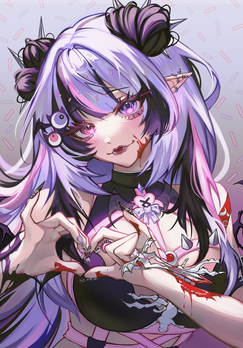 1girl aegyo_sal bare_shoulders black_bra black_hair black_nails blood blood_on_face blood_on_hands blush bra breasts chest_harness closed_mouth colored_eyelashes commentary dagger double_bun ear_piercing english_commentary eyeshadow fingernails grey_background hair_bun hair_ornament harness heart heart_hands heterochromia highres holding holding_dagger holding_knife holding_weapon indie_virtual_youtuber knife lipstick long_fingernails long_hair looking_at_viewer lubunni makeup multicolored_hair piercing pink_eyes pink_streaks pointy_ears purple_eyes purple_eyeshadow purple_hair purple_lips second-party_source smile solo spikes sprinkle_hershy sprinkles streaked_hair swept_bangs thick_eyelashes underwear upper_body virtual_youtuber weapon