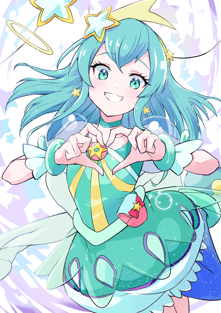 1girl absurdres aqua_choker aqua_dress aqua_eyes aqua_hair bracelet brooch choker commentary cowboy_shot cure_milky dress earrings grin hagoromo_lala hair_ornament hairband heart heart_hands highres jewelry keijirou_(mukunozaltusou) looking_at_viewer magical_girl medium_hair pointy_ears pouch precure puffy_short_sleeves puffy_sleeves see-through_clothes see-through_sleeves short_dress short_sleeves smile solo standing star_(symbol) star_brooch star_earrings star_hair_ornament star_twinkle_precure yellow_hairband