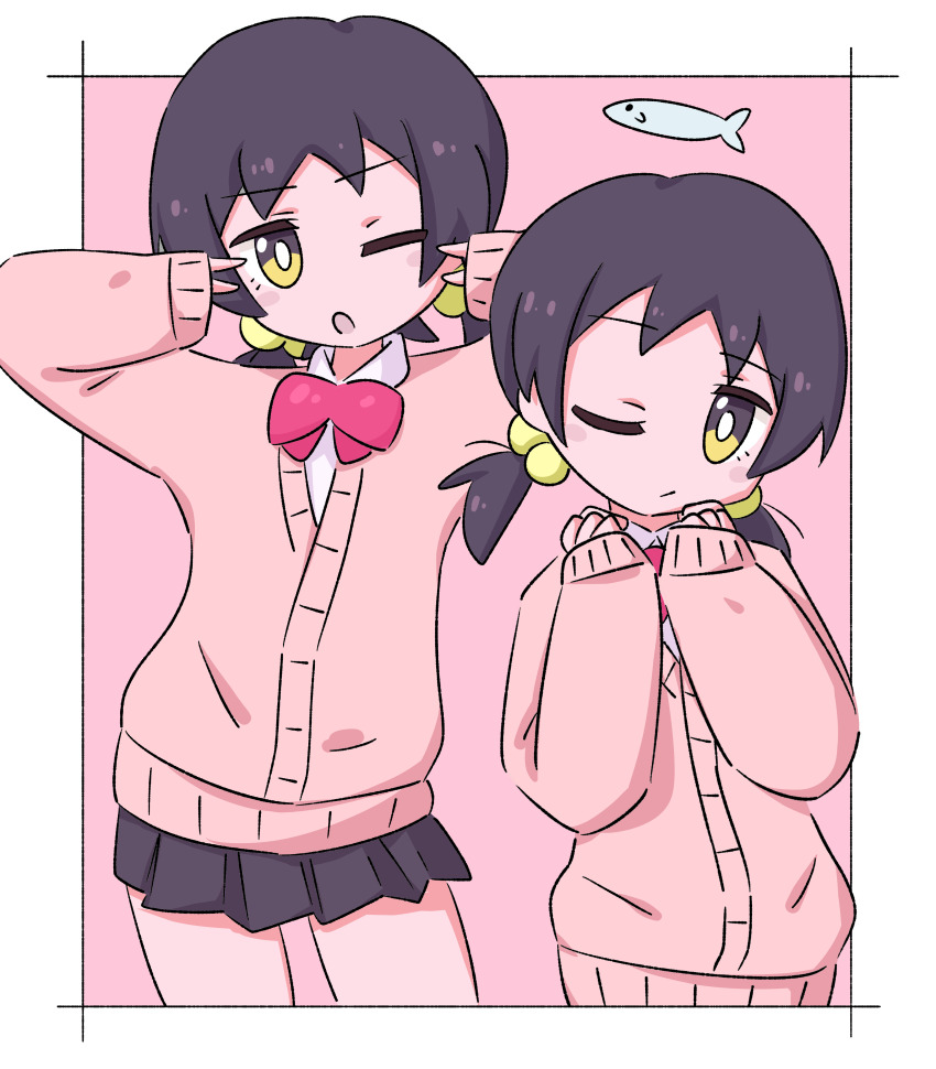 1girl aged_down black_eyes black_hair bow closed_mouth female_focus fish jua kaai_yuki legs multicolored_eyes one_eye_closed open_mouth pink_background pink_bow shadow short_hair skirt solo standing vocaloid yellow_eyes