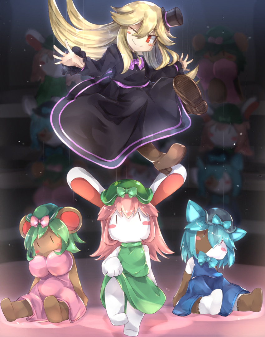6+girls arms_at_sides bear_puppet_(forest_of_blue_skin) black_dress blonde_hair blue_hair blue_headwear blue_ribbon blue_shirt blue_skirt blurry blurry_background blush_stickers boots breasts brown_footwear cat_puppet_(forest_of_blue_skin) closed_mouth clothes_lift colored_skin dark-skinned_female dark_skin doll dress eyes_visible_through_hair floating_hair floor foreshortening forest_of_blue_skin frilled_sleeves frills green_hair green_headwear green_ribbon green_shirt green_skirt hair_between_eyes hair_intakes hat highres large_breasts leg_up lifting_own_clothes long_dress mini_hat monster_girl multicolored_skin multiple_girls no_mouth one_eye_closed outstretched_arms pink_dress pink_hair pink_ribbon pippi_(ku_ro_do_zorizo_to) puppet_strings puppeteer_(forest_of_blue_skin) purple_ribbon rabbit_puppet_(forest_of_blue_skin) red_eyes ribbon shirt sidelocks sitting skirt skirt_lift sleeveless sleeveless_dress sleeveless_shirt slit_pupils smile smug top_hat two-tone_skin white_skin you_gonna_get_raped