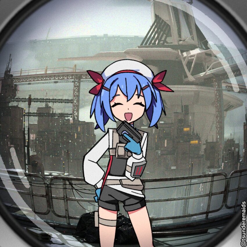 1girl ^_^ beret black_shorts blue_gloves blue_hair city closed_eyes colphne_(girls&#039;_frontline_2) fisheye girls&#039;_frontline girls&#039;_frontline_2:_exilium gloves gun hair_ribbon hand_on_own_hip hat holding holding_gun holding_weapon looking_at_viewer medium_hair monitoring_(vocaloid) open_mouth pov_peephole red_ribbon ribbon shorts smile solo standing taurus_curve tsunderemaids twintails twitter_username weapon white_hat