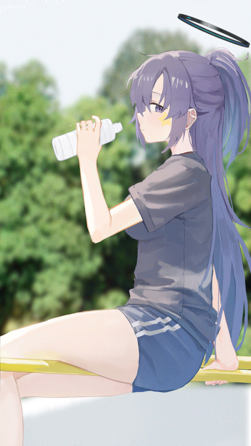 1girl absurdres black_shirt blue_archive blue_buruma bottle buruma closed_mouth dress facial_tattoo from_side haimaotuanzi highres holding holding_bottle looking_at_another looking_at_viewer official_alternate_costume official_alternate_hairstyle ponytail purple_dress purple_eyes shirt solo star_tattoo t-shirt tattoo water_bottle yuuka_(blue_archive) yuuka_(track)_(blue_archive)