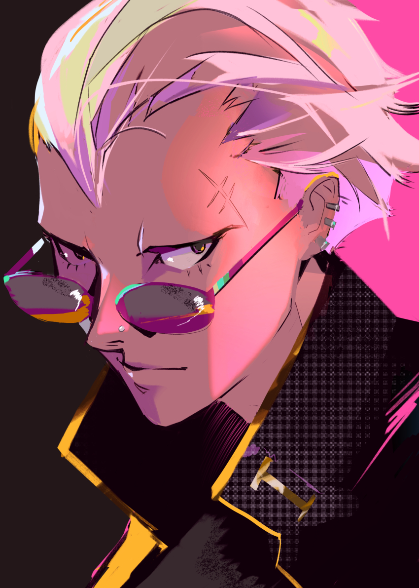 1boy absurdres black_jacket blonde_hair brown_eyes closed_mouth collared_jacket commentary english_commentary eyelashes hair_slicked_back highres jacket looking_to_the_side lower_eyelashes_only male_focus nem_graphics persona persona_4 popped_collar portrait rimless_eyewear scar scar_on_face scar_on_forehead sideways_glance solo sunglasses tatsumi_kanji